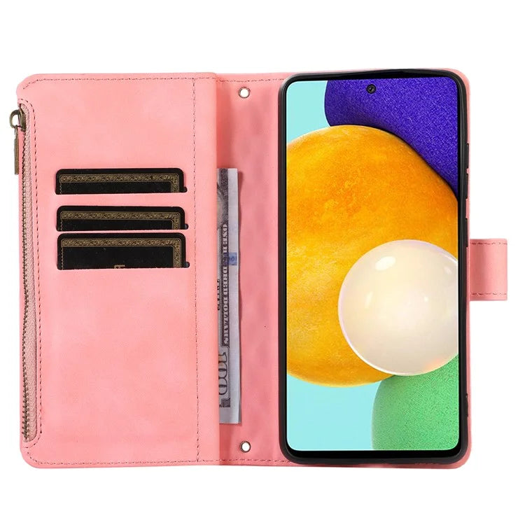For Samsung Galaxy A73 5G Cell Phone Case Anti-drop 9 Card Slots Wallet Cover with Wrist Strap