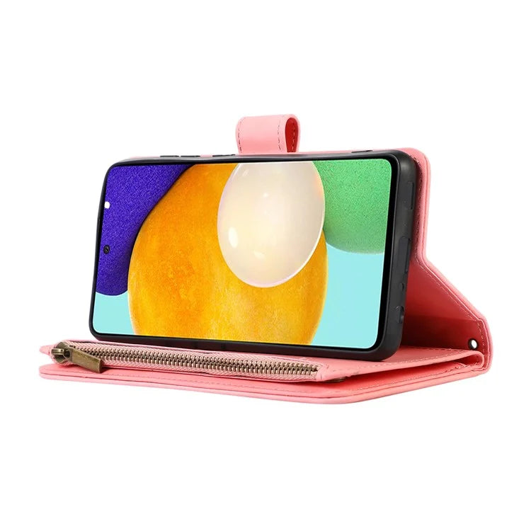 For Samsung Galaxy A73 5G Cell Phone Case Anti-drop 9 Card Slots Wallet Cover with Wrist Strap