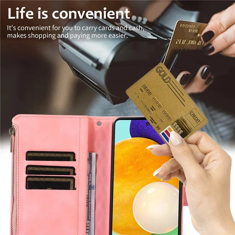 For Samsung Galaxy A73 5G Cell Phone Case Anti-drop 9 Card Slots Wallet Cover with Wrist Strap