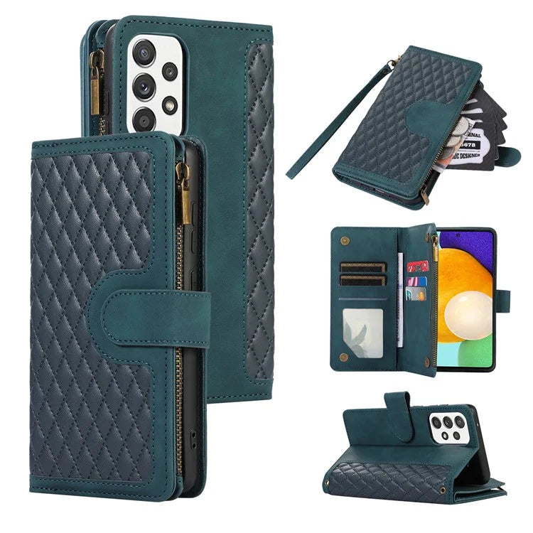 For Samsung Galaxy A73 5G Cell Phone Case Anti-drop 9 Card Slots Wallet Cover with Wrist Strap