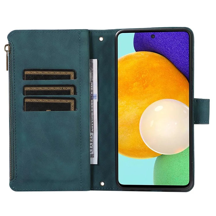 For Samsung Galaxy A73 5G Cell Phone Case Anti-drop 9 Card Slots Wallet Cover with Wrist Strap