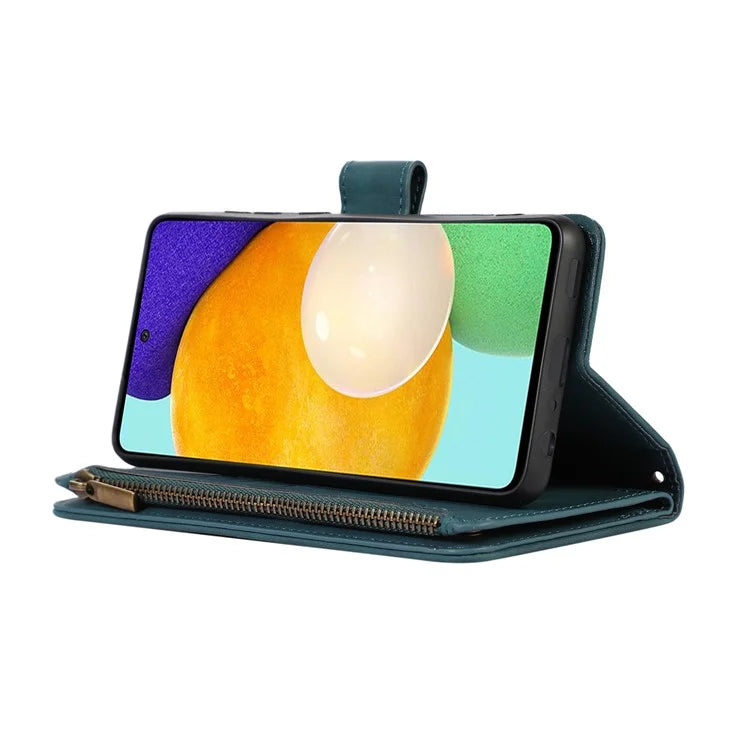 For Samsung Galaxy A73 5G Cell Phone Case Anti-drop 9 Card Slots Wallet Cover with Wrist Strap