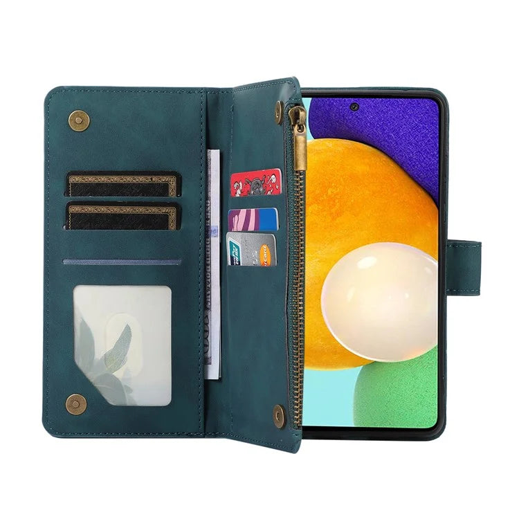 For Samsung Galaxy A73 5G Cell Phone Case Anti-drop 9 Card Slots Wallet Cover with Wrist Strap