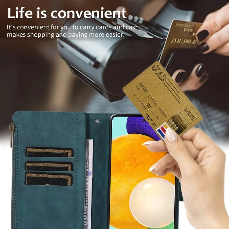 For Samsung Galaxy A73 5G Cell Phone Case Anti-drop 9 Card Slots Wallet Cover with Wrist Strap
