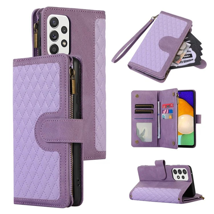 For Samsung Galaxy A73 5G Cell Phone Case Anti-drop 9 Card Slots Wallet Cover with Wrist Strap
