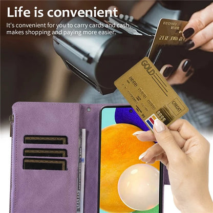 For Samsung Galaxy A73 5G Cell Phone Case Anti-drop 9 Card Slots Wallet Cover with Wrist Strap