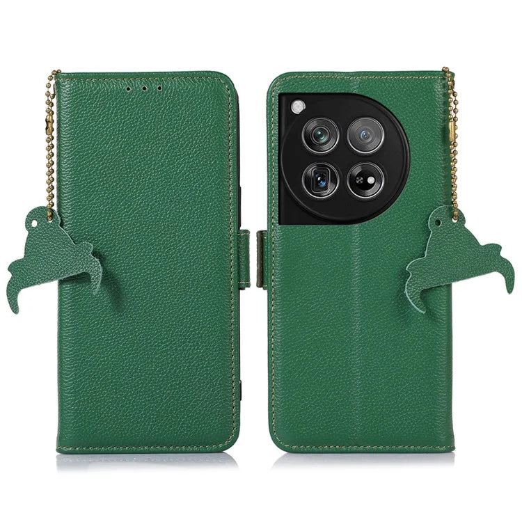 For OnePlus 12 5G Phone Case Genuine Cow Leather RFID Blocking Wallet