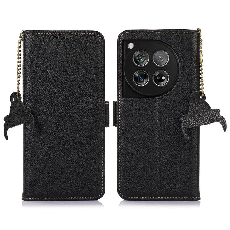 For OnePlus 12 5G Phone Case Genuine Cow Leather RFID Blocking Wallet