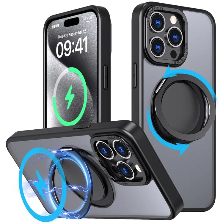 For iPhone 15 Pro Max Magnetic Case Hidden Gear Ring Kickstand Phone Cover