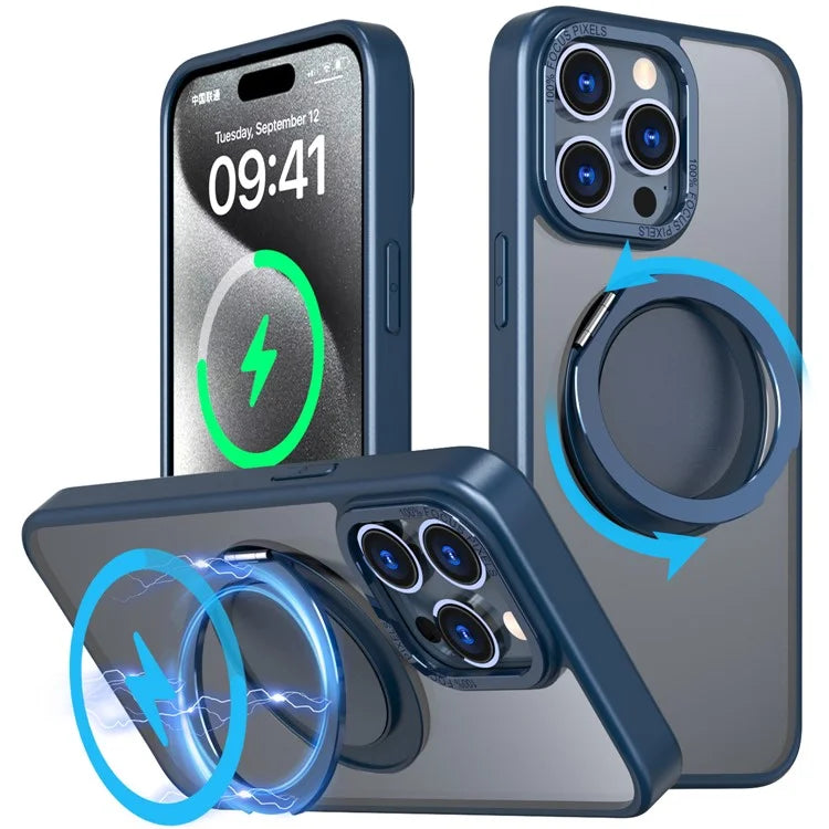 For iPhone 15 Pro Max Magnetic Case Hidden Gear Ring Kickstand Phone Cover