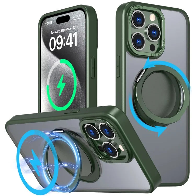 For iPhone 15 Pro Max Magnetic Case Hidden Gear Ring Kickstand Phone Cover