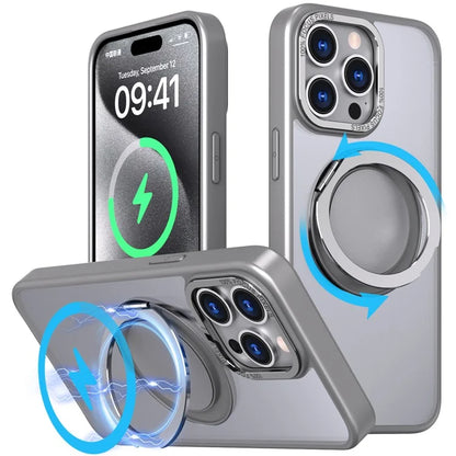 For iPhone 15 Pro Max Magnetic Case Hidden Gear Ring Kickstand Phone Cover