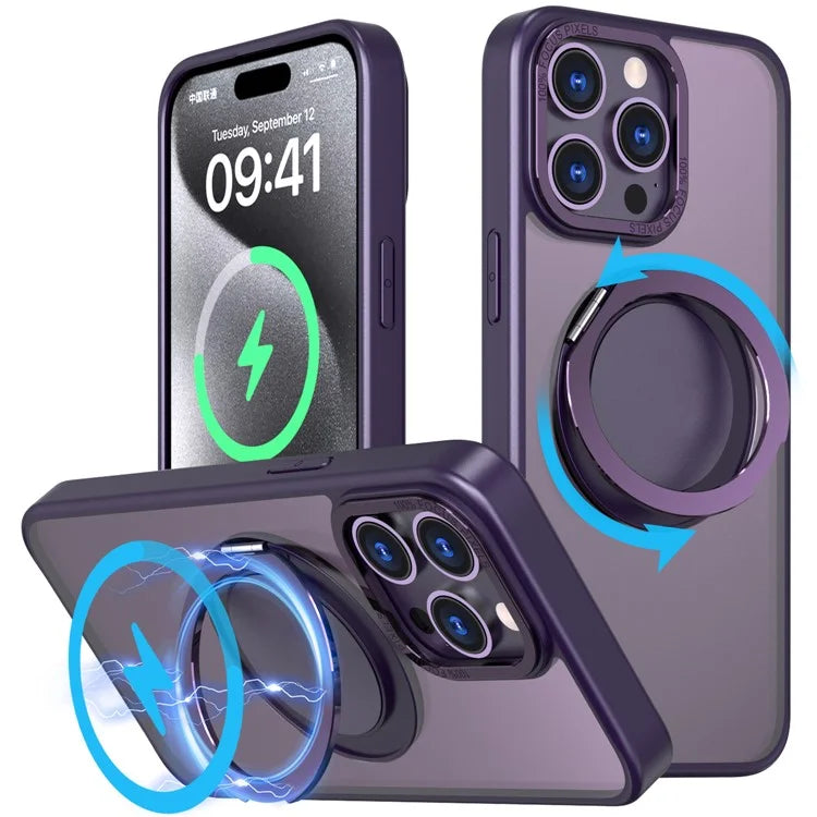 For iPhone 15 Pro Max Magnetic Case Hidden Gear Ring Kickstand Phone Cover