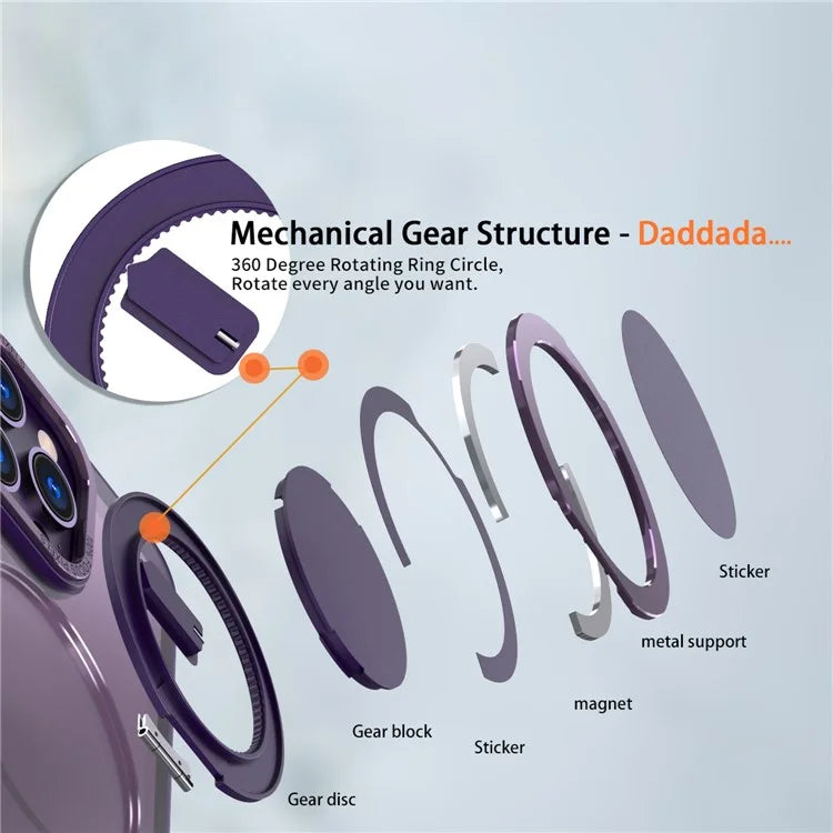 For iPhone 15 Pro Max Magnetic Case Hidden Gear Ring Kickstand Phone Cover