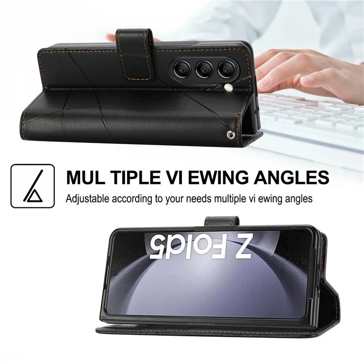 DF-06 For Samsung Galaxy Z Fold5 5G Leather Case Wallet Stand Cover Line Design