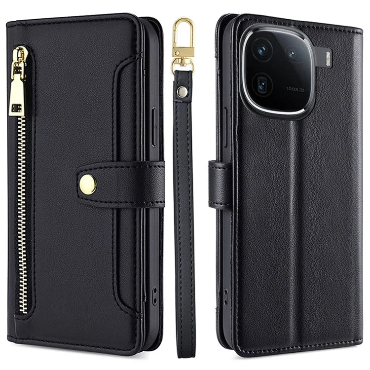 For vivo iQOO 12 5G Zipper Pocket Phone Case with 6-Card Holder PU Leather Crossbody Cover