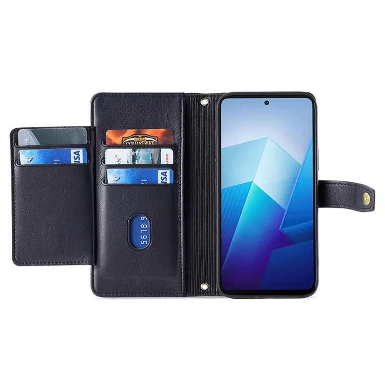 For vivo iQOO 12 5G Zipper Pocket Phone Case with 6-Card Holder PU Leather Crossbody Cover