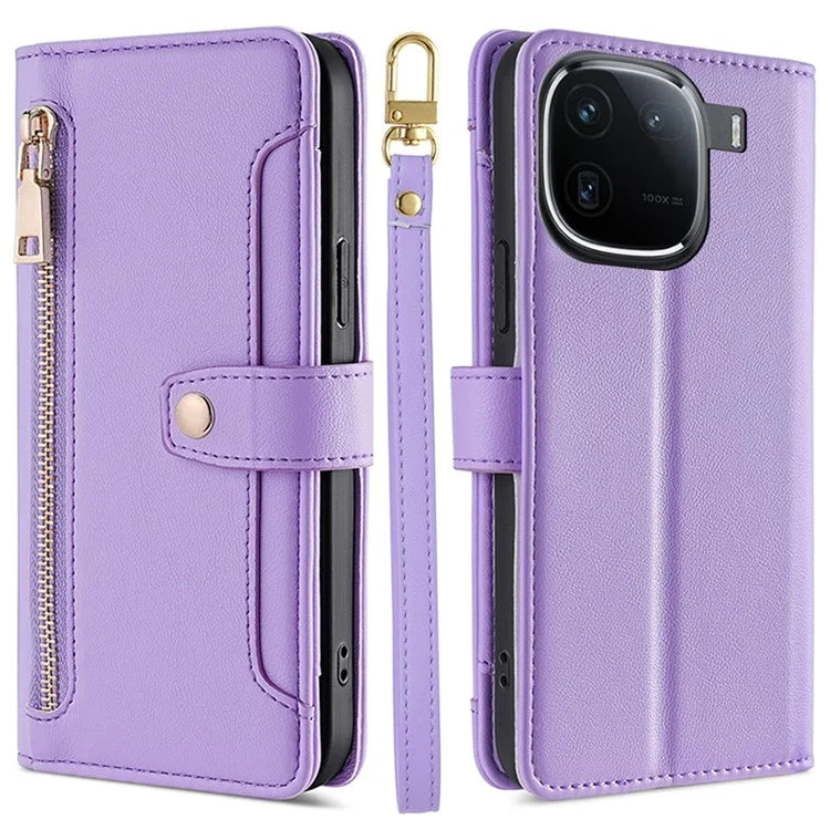 For vivo iQOO 12 5G Zipper Pocket Phone Case with 6-Card Holder PU Leather Crossbody Cover