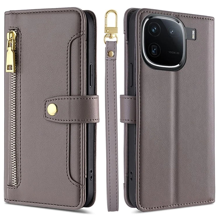 For vivo iQOO 12 5G Zipper Pocket Phone Case with 6-Card Holder PU Leather Crossbody Cover