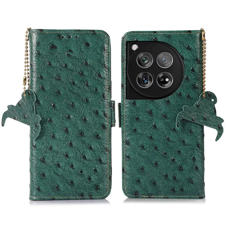 For OnePlus 12 5G Ostrich Pattern Phone Case Genuine Cow Leather Wallet