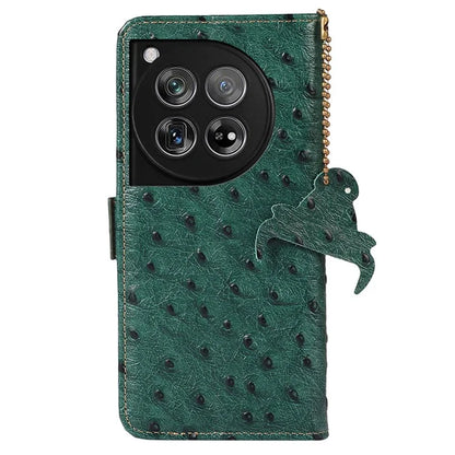 For OnePlus 12 5G Ostrich Pattern Phone Case Genuine Cow Leather Wallet