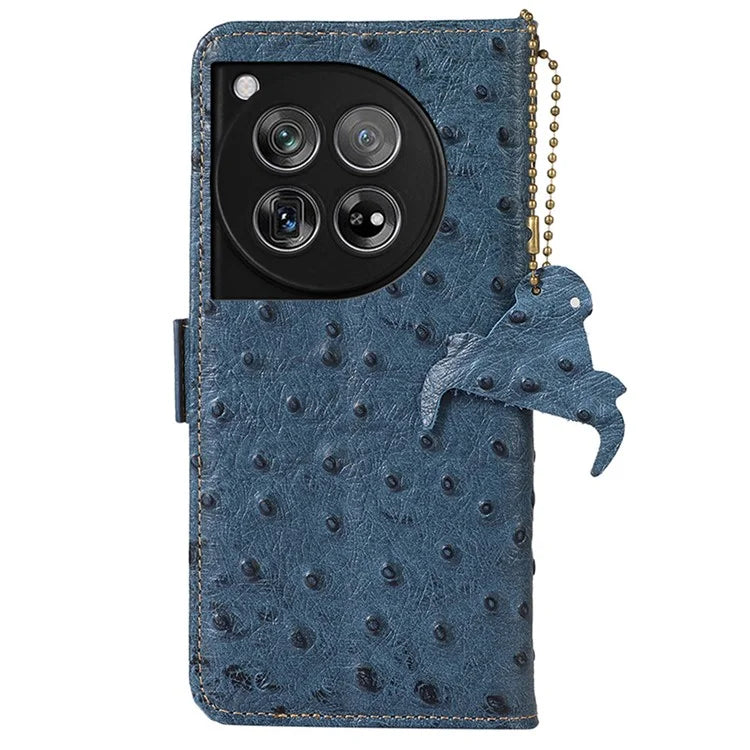 For OnePlus 12 5G Ostrich Pattern Phone Case Genuine Cow Leather Wallet
