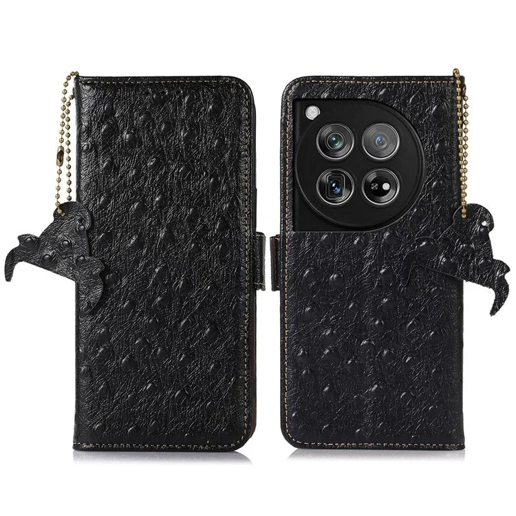 For OnePlus 12 5G Ostrich Pattern Phone Case Genuine Cow Leather Wallet