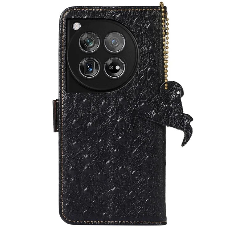 For OnePlus 12 5G Ostrich Pattern Phone Case Genuine Cow Leather Wallet