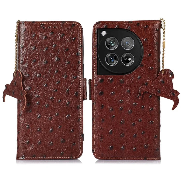 For OnePlus 12 5G Ostrich Pattern Phone Case Genuine Cow Leather Wallet