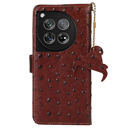 For OnePlus 12 5G Ostrich Pattern Phone Case Genuine Cow Leather Wallet