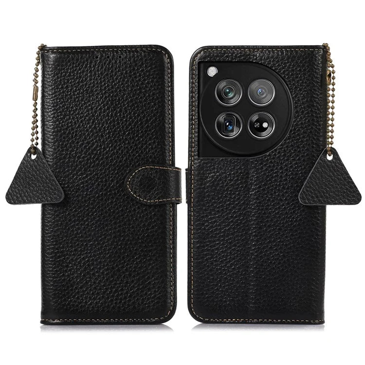 For OnePlus 12 5G Genuine Cow Leather Lychee Texture Case RFID Blocking