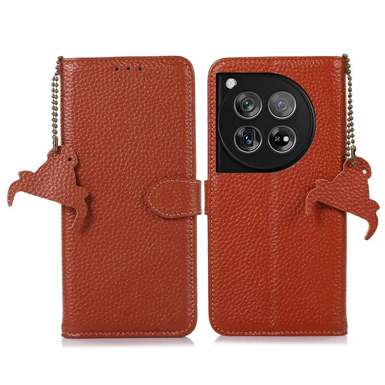 For OnePlus 12 5G Genuine Cow Leather Lychee Texture Case RFID Blocking