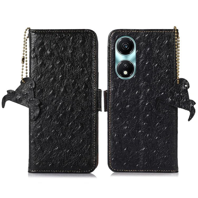 For Honor X5 Plus Genuine Cow Leather Case Ostrich Texture Stand Wallet Cover