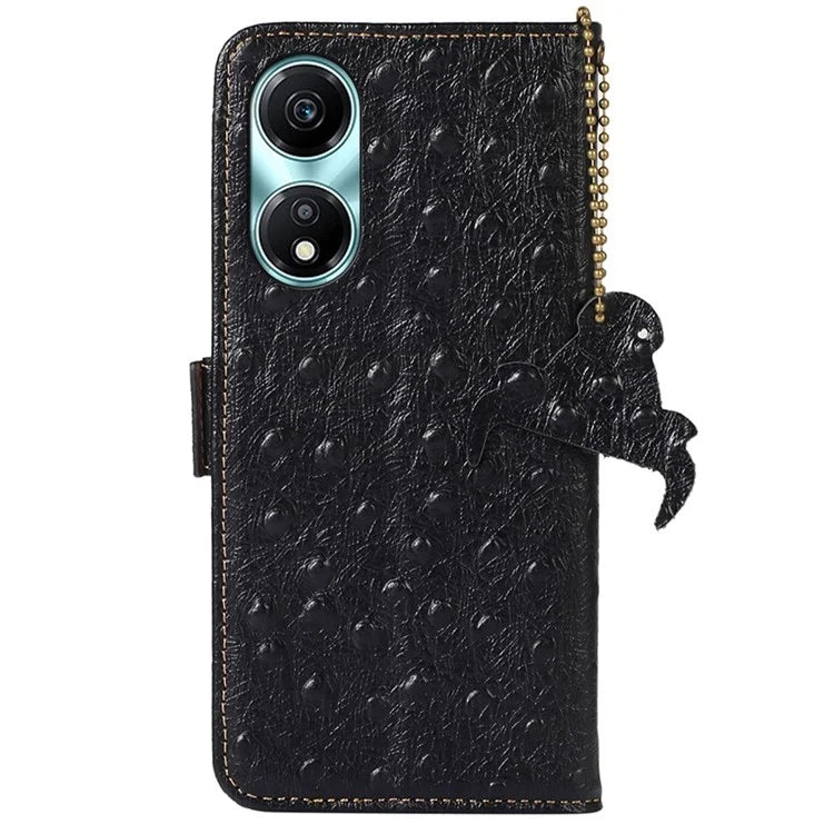 For Honor X5 Plus Genuine Cow Leather Case Ostrich Texture Stand Wallet Cover