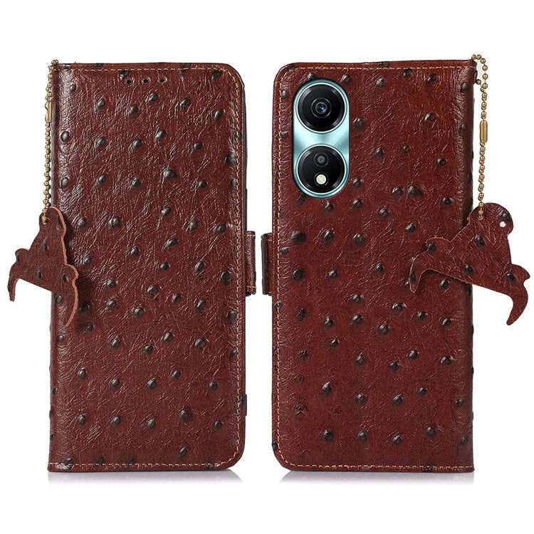 For Honor X5 Plus Genuine Cow Leather Case Ostrich Texture Stand Wallet Cover