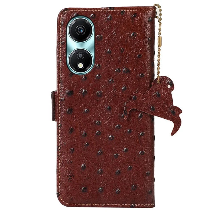 For Honor X5 Plus Genuine Cow Leather Case Ostrich Texture Stand Wallet Cover