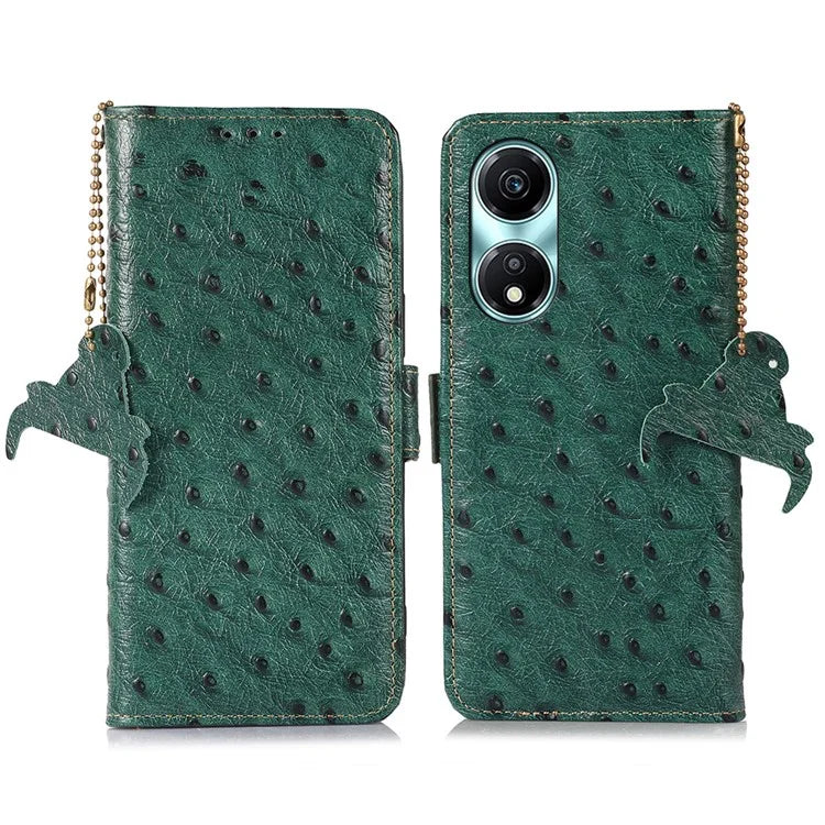 For Honor X5 Plus Genuine Cow Leather Case Ostrich Texture Stand Wallet Cover