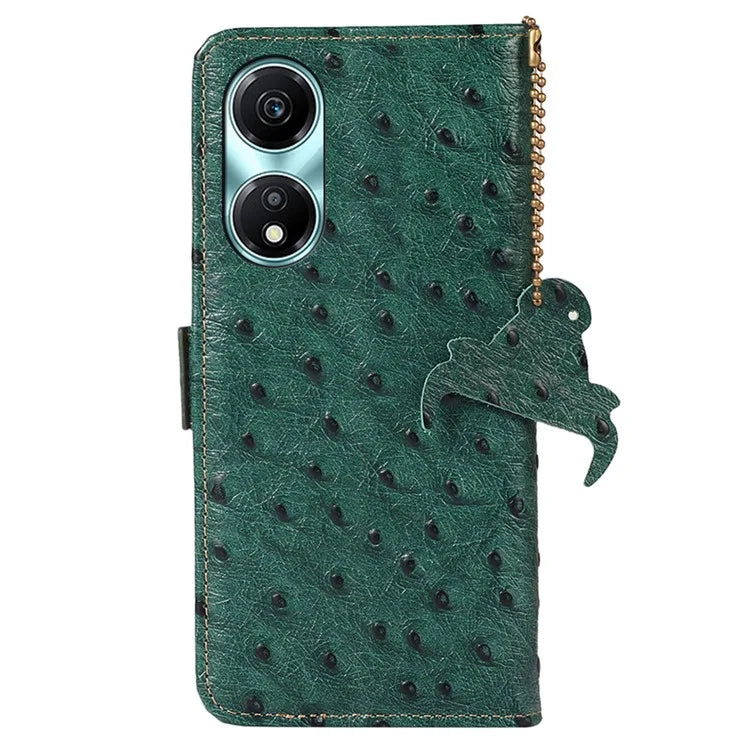 For Honor X5 Plus Genuine Cow Leather Case Ostrich Texture Stand Wallet Cover