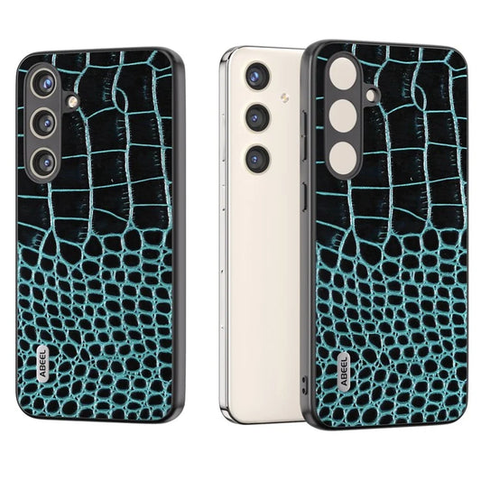 ABEEL For Samsung Galaxy S24+ Crocodile Texture Series Case Genuine Cow Leather Phone Back Cover Blue