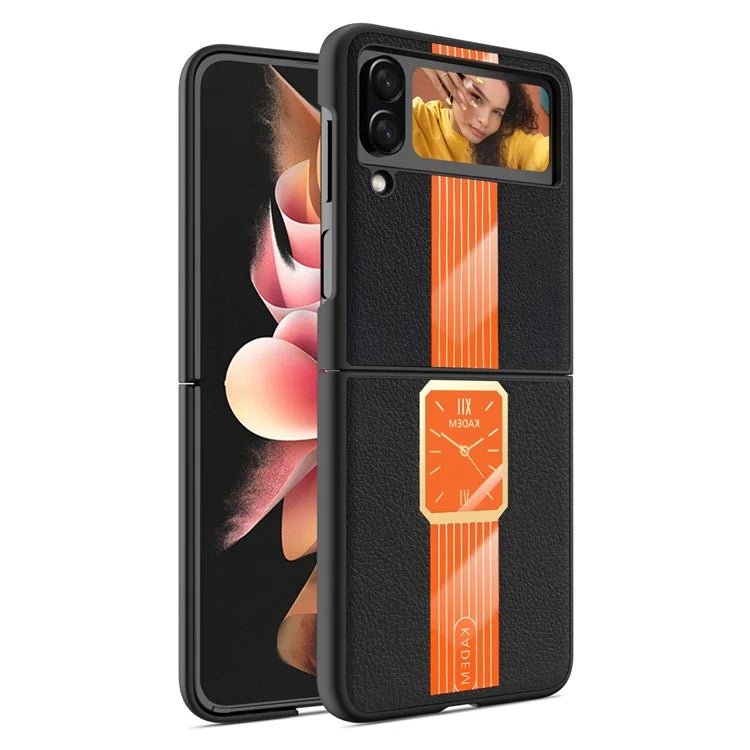 KADEM For Samsung Galaxy Z Flip4 5G Watch Pattern Electroplating Acrylic+TPU+PU Cell Phone Case