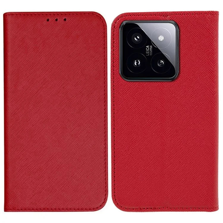 For Xiaomi 14 Case Cross Texture Magnetic Auto Closing Drop-proof Phone Cover with Wallet Stand