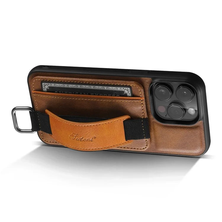 SUTENI H13 For iPhone 15 Pro Max Case PU Leather Coated PC+TPU Phone Shell with Kickstand, Card Slot