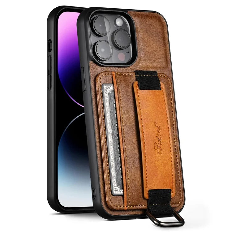 SUTENI H13 For iPhone 15 Pro Max Case PU Leather Coated PC+TPU Phone Shell with Kickstand, Card Slot