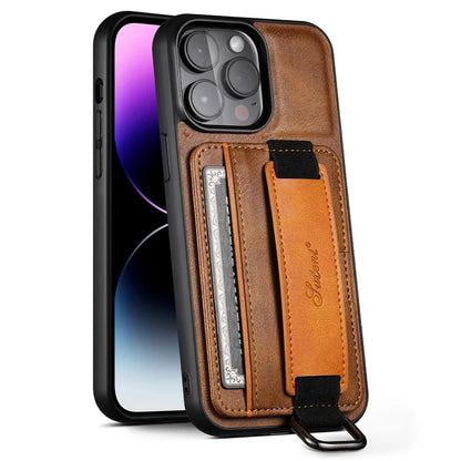 SUTENI H13 For iPhone 15 Pro Max Case PU Leather Coated PC+TPU Phone Shell with Kickstand, Card Slot