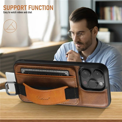 SUTENI H13 For iPhone 15 Pro Max Case PU Leather Coated PC+TPU Phone Shell with Kickstand, Card Slot