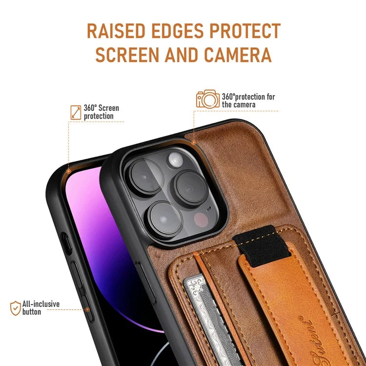 SUTENI H13 For iPhone 15 Pro Max Case PU Leather Coated PC+TPU Phone Shell with Kickstand, Card Slot