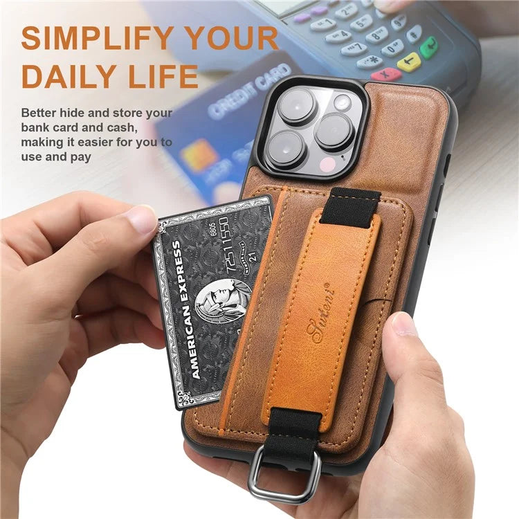 SUTENI H13 For iPhone 15 Pro Max Case PU Leather Coated PC+TPU Phone Shell with Kickstand, Card Slot