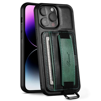 SUTENI H13 For iPhone 15 Pro Max Case PU Leather Coated PC+TPU Phone Shell with Kickstand, Card Slot
