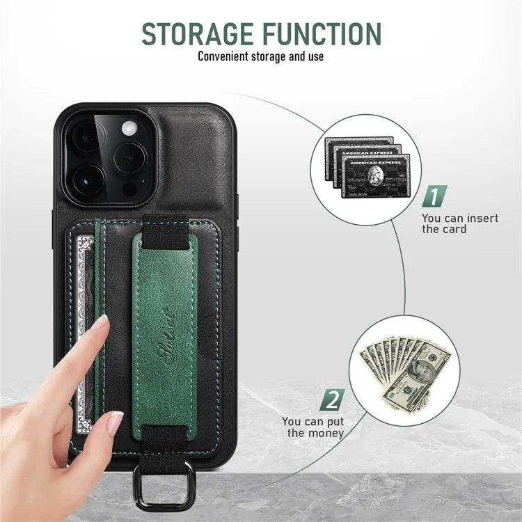 SUTENI H13 For iPhone 15 Pro Max Case PU Leather Coated PC+TPU Phone Shell with Kickstand, Card Slot