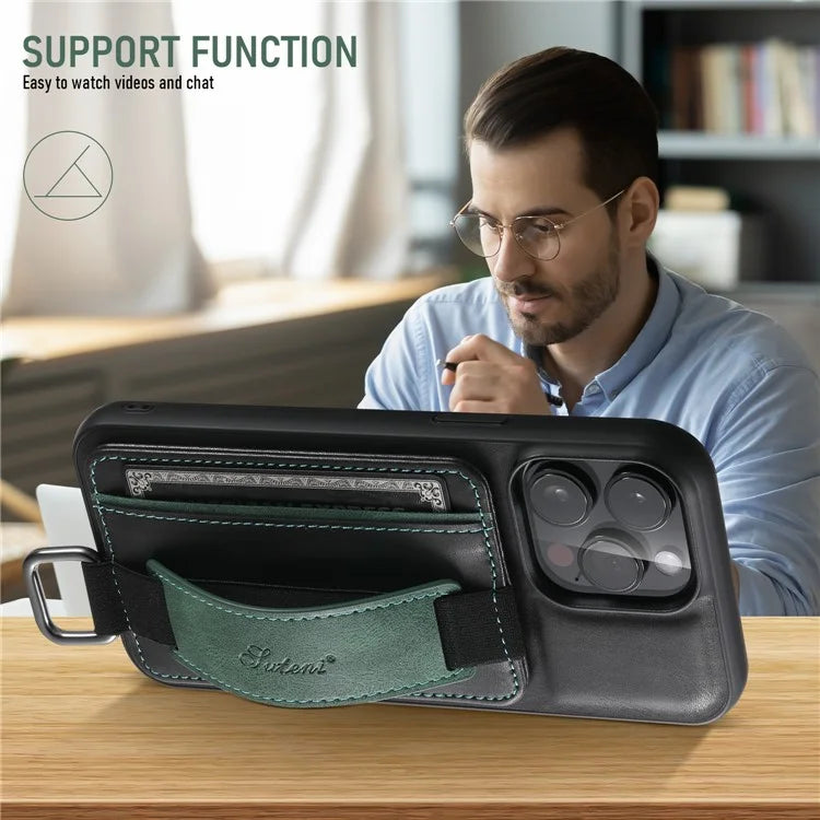 SUTENI H13 For iPhone 15 Pro Max Case PU Leather Coated PC+TPU Phone Shell with Kickstand, Card Slot